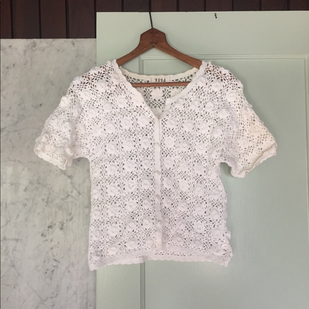 Vintage White Knit Crochet Top Shrug Sweater small